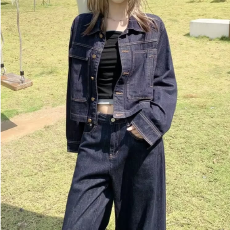 批发宋正恩深蓝色短款牛仔外套女秋季美式修身小个子休闲高级夹克上衣