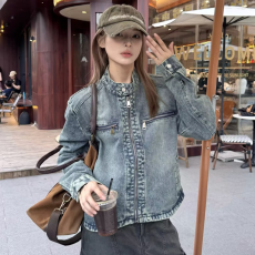 批发美式小众复古水洗做旧垫肩牛仔外套男女宽松金属设计感无领夹克潮