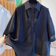 批发日系高端外贸出口高级感黑色假两件衬衫大码宽松设计感五分<b class='q'>袖</b><b class='q'>上衣</b>