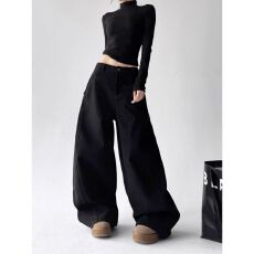 批发美式复古简约黑色加绒<b class='q'>牛仔裤</b>男女新款潮牌宽松阔腿直筒休闲长裤子