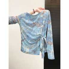 批发原版面料工艺！天猫抖音质量晕染侧边绑带收腰长袖t恤