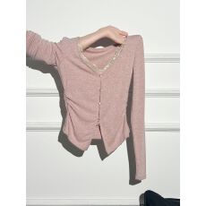 批发2025新款蕾丝V领长袖T恤女收腰褶皱上衣