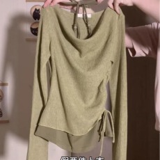 批发2025新款荡领假两件挂脖洋气长袖T恤女