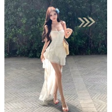 批发白水女 人鱼缪斯 海边度假连衣裙女夏新款气质褶皱显瘦包臀长裙