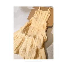 批发高级感琎口亚麻吊带连衣裙女早春<b class='q'>复古</b>黄色中长款裙子