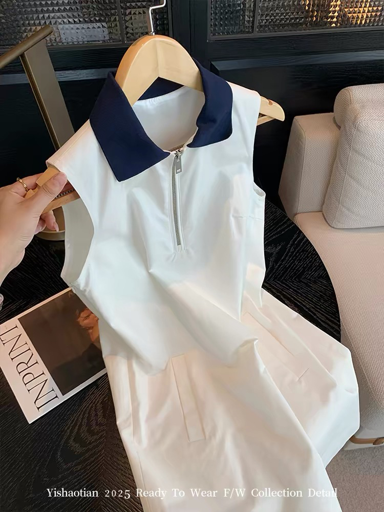 오래된 돈 바람 화이트 POLO 칼라 민소매 여성 드레스 여름 새로운 품격 연령 감소 디자인 센스 캐주얼 조끼 스커트