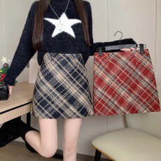 批发实拍<b class='q'>秋</b>冬韩版毛呢复古高腰chic保暖斜格包臀A字半身裙