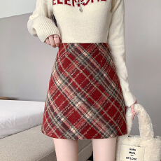 批发实拍<b class='q'>秋</b>冬韩版毛呢复古高腰chic保暖斜格包臀A字半身裙