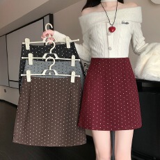实拍秋冬韩版复古高腰毛呢chic保暖圆点点包臀A字半身裙