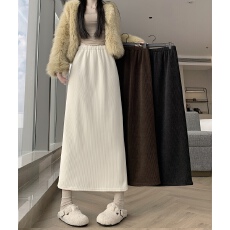 批发实拍~韩版灯芯绒加绒加厚高腰显瘦松紧腰中长款垂感显瘦直筒裙