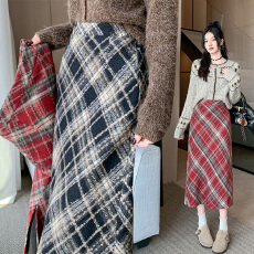 批发实拍秋冬季韩版毛呢高腰格子长裙chi格子中长<b class='q'>半身</b>裙女