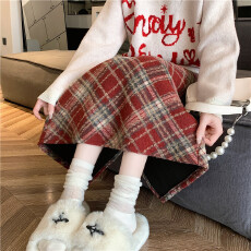 批发实拍秋冬季韩版毛呢复古格子高腰长裙chi格子中长<b class='q'>半身</b>裙女