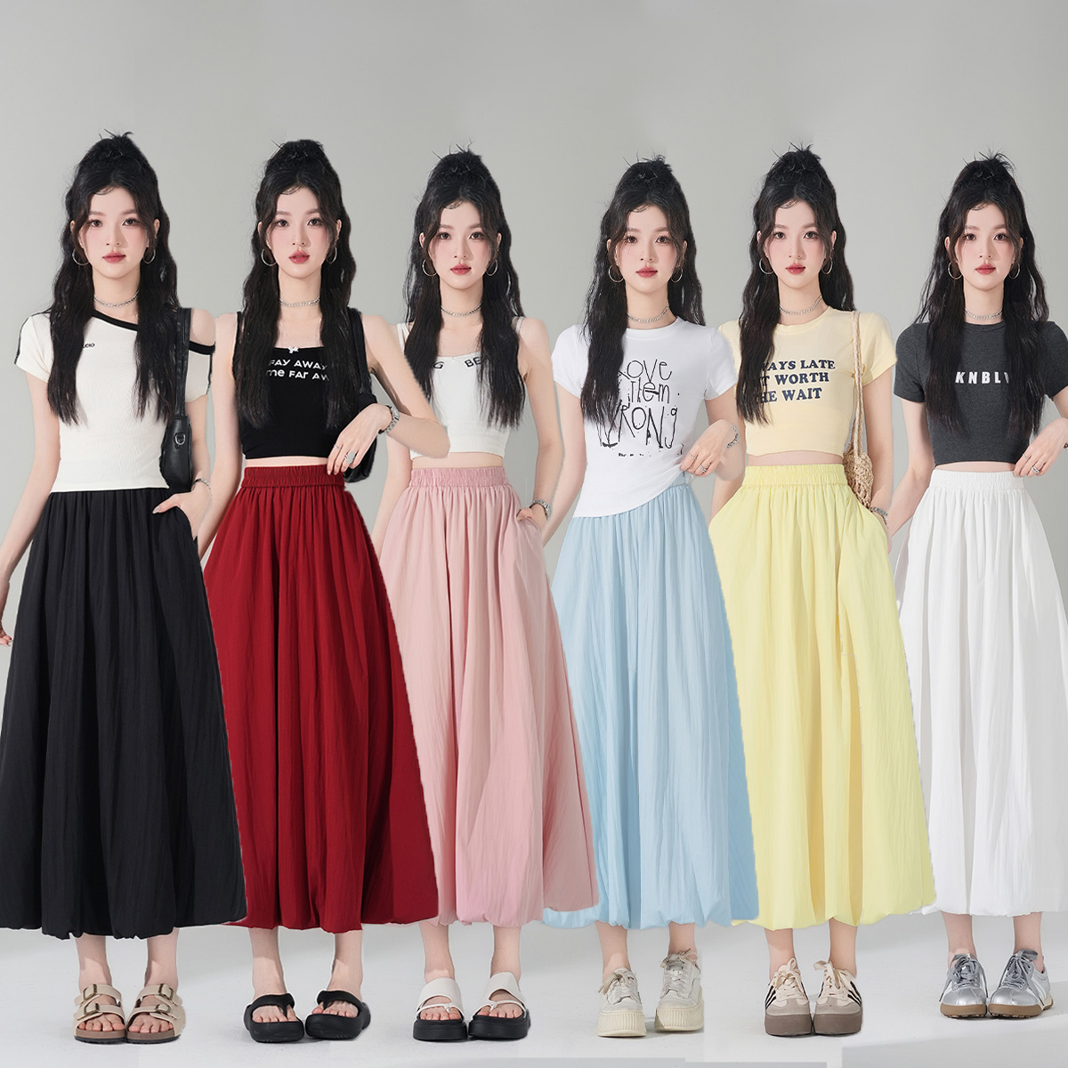 MY17761# 新款设计感六色纯色花苞裙中长裙a字高腰显瘦半身裙百搭女女裝貨源服裝批發