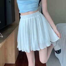 批发实拍夏季高腰雪纺<b class='q'>短裙</b>韩版松紧腰显瘦蓬蓬压褶纯色A字裙