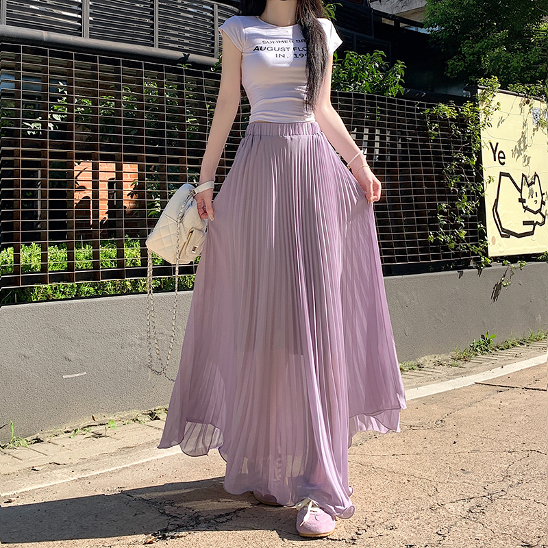 实拍~半身裙女紫色高腰大摆裙温柔风设计感大摆中长裙子迷笛裙