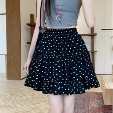 批发实拍夏季百搭蛋糕裙波点高腰显瘦小个子荷叶边A字半身裙
