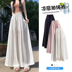 批发实拍早秋新款高腰设计感亚麻中长款褶皱<b class='q'>休闲</b>简约抽绳阔腿裤女