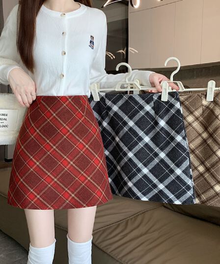 실사 가을 겨울 한국 스타일 레트로 하이웨이스트 chic 보온 비스듬한 그리드 타이트 스커트 한 마디 반신 스커트