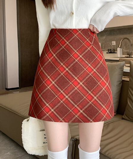 실사 가을 겨울 한국 스타일 레트로 하이웨이스트 chic 보온 비스듬한 그리드 타이트 스커트 한 마디 반신 스커트