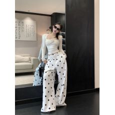 批发白色波点阔腿裤子女<b class='q'>春</b>夏季新款直筒宽松垂感休闲裤