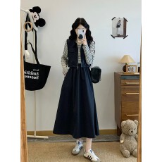 批发实拍大码条纹套装裙秋季新款设计感马甲时尚洋气减龄显瘦俩件套