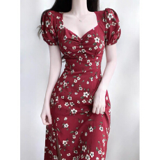 批发法式红色碎花连衣裙女夏2026新款小个子收腰高级感气质<b class='q'>雪纺</b>长裙