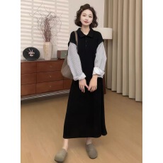 批发秋<b class='q'>冬</b>新款针织Polo领条纹拼接宽松显瘦哺乳连衣裙