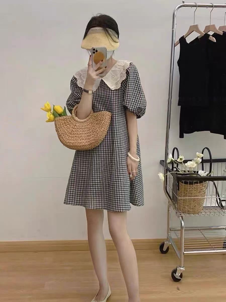 수유 여름 드레스 나가라. 패션 매운맛 엄마 섹션 체크무늬 베이비 칼라 출산 후 드레스 작은 키 먹이주기 옷 트렌디 엄마