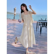 批发蕾丝镂空开衫吊带哺乳连衣裙轻奢高级感度假沙滩长裙两件套装