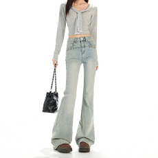 批发柳钉时尚百搭显瘦<b class='q'>提</b><b class='q'>臀</b>弹力<b class='q'>裤</b>子高腰微喇叭牛仔<b class='q'>裤</b>女