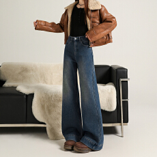 批发加绒加厚微喇<b class='q'>牛仔裤</b>女2025新款设计感高腰显瘦不贴腿阔腿拖地裤
