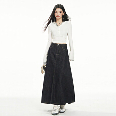 批发实拍深蓝牛仔半身裙女2024<b class='q'>秋</b>冬新款高腰垂感a字大摆长裙