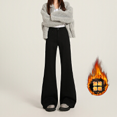 批发实拍秋冬季新款 微宽松不紧身高腰显瘦微喇<b class='q'>黑色</b>加绒加厚<b class='q'>牛仔裤</b><b class='q'>女</b>