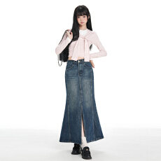 批发实拍复古前开叉设计包臀牛仔半身裙女