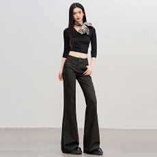 批发单宁咖色微喇牛仔<b class='q'>裤</b>女不掉色不贴腿休闲宽松直筒<b class='q'>喇叭</b><b class='q'>裤</b>女ins