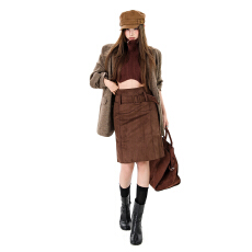 批发实拍复古鹿皮绒包臀半身裙女秋冬新款设计感高腰显瘦遮胯A字短