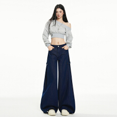 实拍多色高腰阔腿牛仔裤女宽松直筒拖地长裤子