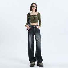 批发金漫加绒黑灰色窄版<b class='q'>牛仔裤</b>宽松直筒阔腿裤垂感复古百搭显瘦