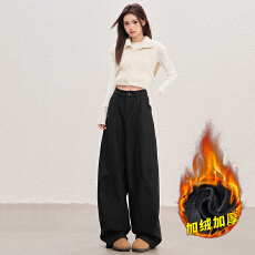 批发美式黑色宽松弯刀牛仔<b class='q'>裤</b>女加绒毛呢新款低腰<b class='q'>显瘦</b>垂感阔腿<b class='q'>裤</b>