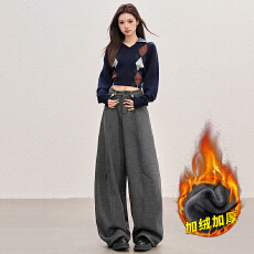 批发美式黑色宽松弯刀牛仔<b class='q'>裤</b>女加绒毛呢新款低腰<b class='q'>显瘦</b>垂感阔腿<b class='q'>裤</b>