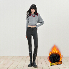 批发秋冬厚绒款牛仔裤女士双排扣设计紧身弹力铅笔小脚裤