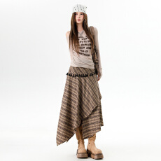 批发不规则复古格纹流苏半身裙女秋冬a字中<b class='q'>长裙</b>