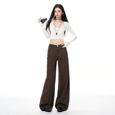 批发咖色设计款早春新款百搭显瘦休闲阔腿直筒拖地牛仔<b class='q'>裤</b>子女