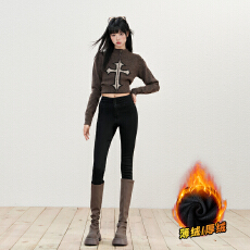 批发加绒高腰牛仔裤女秋冬季新款修身紧身铅笔加绒小脚裤子纯色