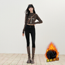 批发加绒高腰牛仔裤女秋冬季新款修身紧身铅笔加绒小脚裤子纯色