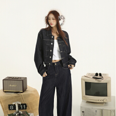 批发复古美式街头<b class='q'>高腰</b>显瘦松弛百搭阔腿裤+工装<b class='q'>牛仔</b>长袖短款外套