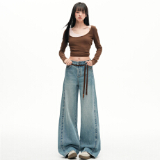 批发早春百搭阔腿无弹水洗宽松复古牛仔裤直筒裤女