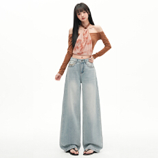 批发浅蓝高腰阔腿牛仔裤女2026新款春季宽松垂感直筒拖地裤