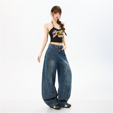 批发美式天丝弯刀廓形牛仔裤女小众水洗蓝辣妹阔腿