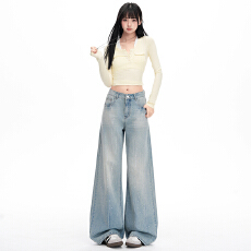批发满天星烫钻阔腿牛仔裤女2026年春季高腰显瘦垂感直筒长裤